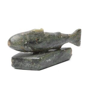 Josephie Pudloo Salmon Fish Stone Carving Signed Inuit Native Art Canada Nunavut
